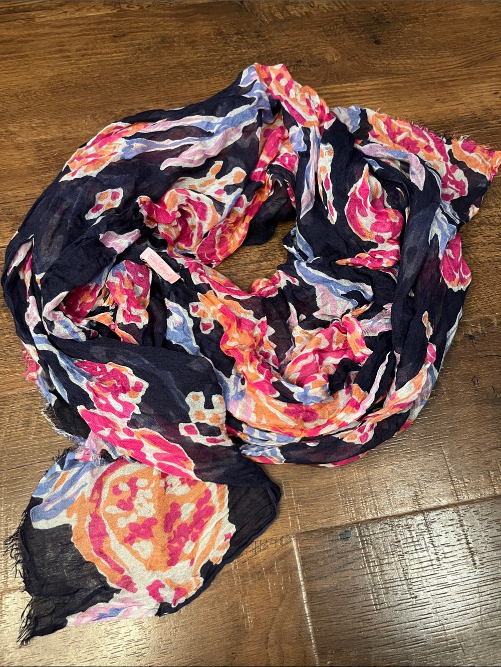 Lilly Pulitzer Navy Floral Watercolor Scarf with Pink & Orange Flowers